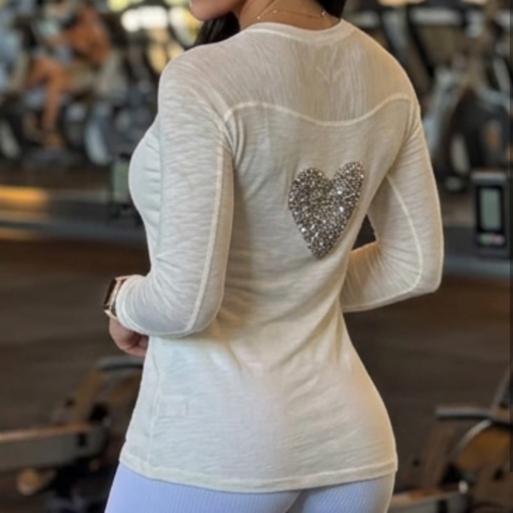TWISTED HEART Cream Long Sleeve Top with Silver Heart Detail size L
